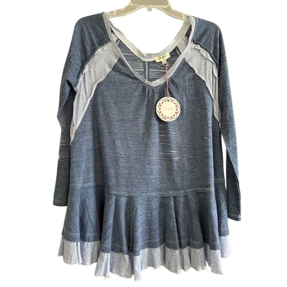 Umgee Blue Boho Peasant Ruffle Tiered Tunic Top S Cottagecore Oversized NWT